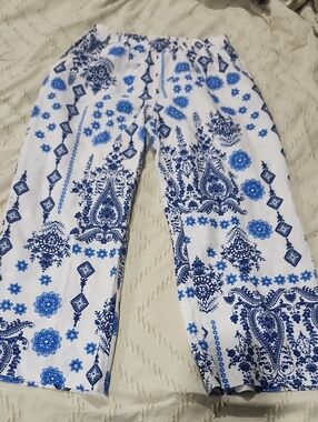 Linen &cotton FRANCESCA BETTINI White & Blue Floral Paisley Lounge Pants W15,20